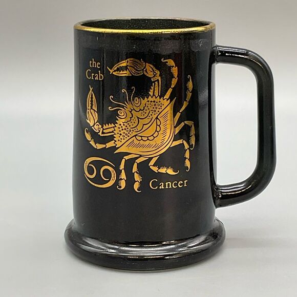 Cancer Zodiac Vintage Coffee Tea Stein Mug Federal Glass Black Gold - Picture 2 of 10